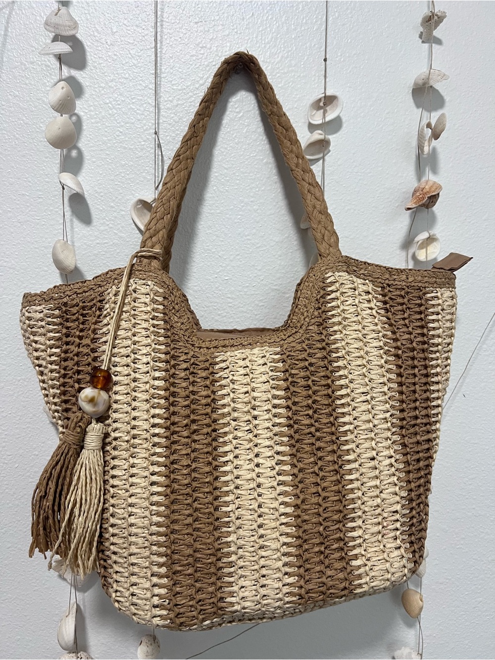 Boho Straw Woven Beach Tote Bag Striped Summer Shoulder Bag Tassels⁠